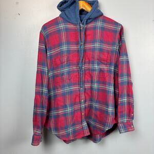 AE Plaid American Eagle Button Up Hoodie Red Blue Factory Distressing Cabin Y2K